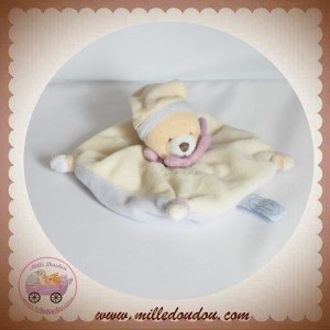 DOUDOU ET COMPAGNIE SOS OURS PLAT ECRU COLERETTE MAUVE BLEU