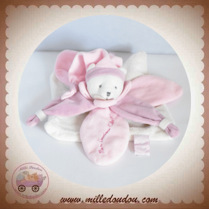 DOUDOU ET COMPAGNIE SOS OURS PLAT BLANC FLEURS PETALES ROSE MAUVE