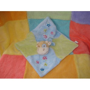 PROVERA DOUDOU PELUCHE VACHE PLATE BLEU VERT FLEURS