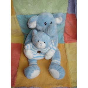 AJENA DOUDOU PELUCHE ELEPHANT BLEU HOCHET OURS RAYE