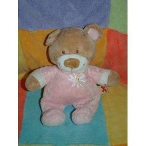 NICOTOY DOUDOU PELUCHE OURS BEIGE CORPS ROSE MARGUERITE FLEUR