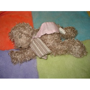 CADES DOUDOU PELUCHE OURS POIL ALLONGE GRIS TAUPE ECHARPE ROSE