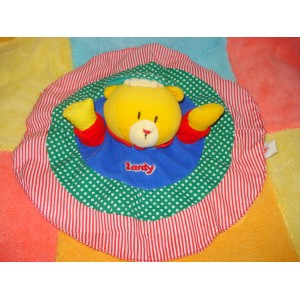 LARDY DOUDOU PELUCHE OURS JAUNE PLAT OVAL TISSU ROUGE VERT HOCHE