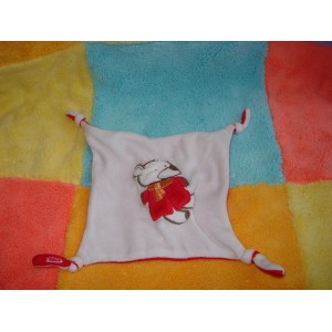 DIVERS DOUDOU OURS SUR MOUCHOIR PLAT BLANC ROUGE NOEUD 