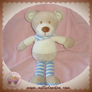 POMMETTE DOUDOU OURS ECRU RAYE BLEU SOS