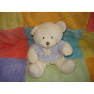 NICOTOY DOUDOU PELUCHE OURS ECRU PULL VIOLET MAUVE COEUR 17 CM