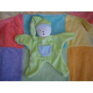 DIVERS DOUDOU LUTIN BONHOMME BLANC PLAT VERT POCHE BLEU