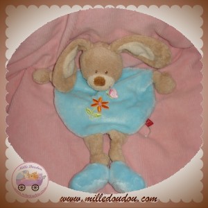 TEX SOS DOUDOU LAPIN BEIGE CORPS PLAT BLEU FLEUR PAPILLON 