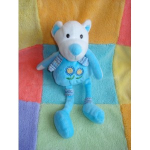 CP INTERNATIONAL DOUDOU OURS BLANC CORPS BLEU FLEUR PAPI