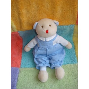 JACADI SOS DOUDOU OURS BEIGE SALOPETTE BLEU JEANS NEZ ROUGE