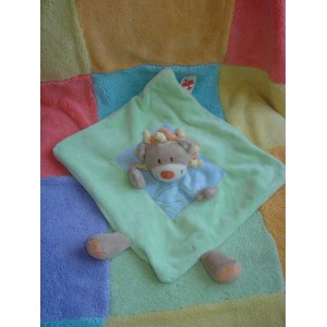 NICOTOY DOUDOU PELUCHE LION PLAT BEIGE VERT BLEU ETIQ