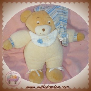 AJENA DOUDOU OURS BEIGE CORPS ECRU CHAPEAU RAYE BLEU SOS