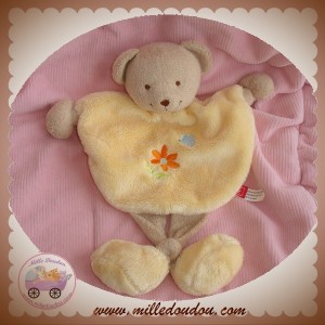 TEX SOS DOUDOU PELUCHE OURS PLAT BEIGE AVEC JAMBES CORPS JAUNE FLEUR