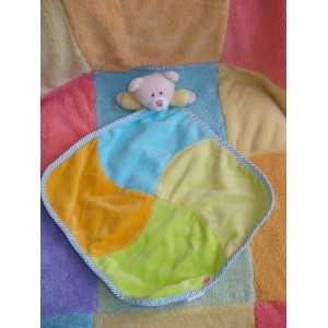 NUK DOUDOU PELUCHE OURS BEIGE CORPS PLAT JAUNE BLEU ORANGE