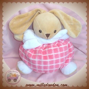 NOUNOURS DOUDOU LAPIN BEIGE BOULE CARREAUX ROSE BLANC SOS