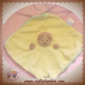 JACADI DOUDOU PELUCHE OURS MARRON PLAT JAUNE VERT MIEL