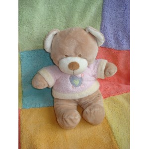 NICOTOY DOUDOU PELUCHE OURS BEIGE ECRU PULL ROSE POULE POUSSIN 