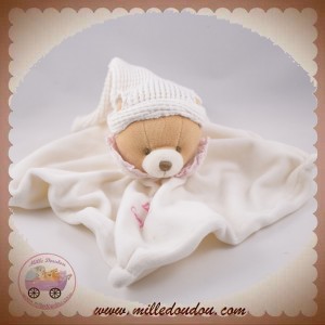 DOUDOU ET COMPAGNIE SOS OURS CORPS PLAT BLANC COL ROSE BONNET 