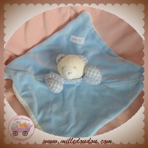 JACADI DOUDOU OURS PLAT BLEU BLANC BRAS VICHY SOS