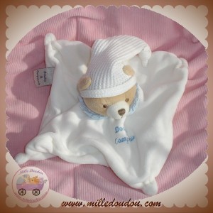 DOUDOU ET COMPAGNIE OURS CORPS PLAT BLANC COL BLEU BONNET