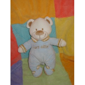 VETIR SOS DOUDOU OURS BLANC CORPS BLEU RAYE BEIGE CALIN