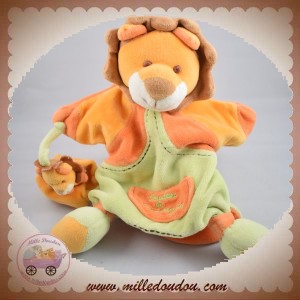 DOUDOU ET COMPAGNIE SOS LION MARIONNETTE AVEC BEBE BEIGE ORANGE VERT