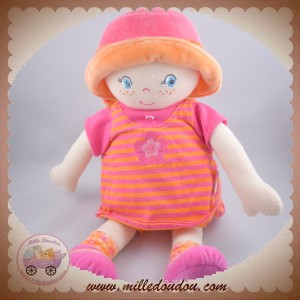 COROLLE DOUDOU POUPEE TISSU ROSE ORANGE FLEUR BABICOROLLE CHAPEAU