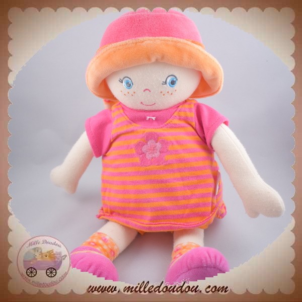 Doudou Poupée Corps Tissu Rose Clair Chapeau Pieds Rayures Fleurs Violet  Nicotoy - doudouamour4