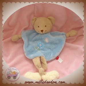 TEX DOUDOU OURS PLAT BEIGE AVEC JAMBES CORPS BLEU FLEUR SOS