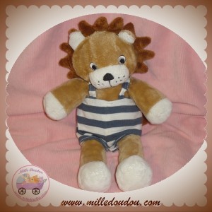 H&M H ET M DOUDOU PELUCHE LION BEIGE SALOPETTE RAYE BLEU BLANC