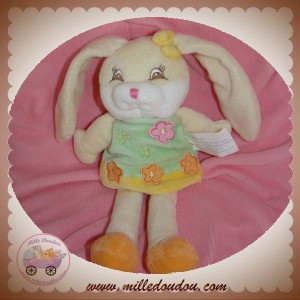 KIMBALOO SOS DOUDOU LAPIN ECRU ROBE VERTE FLEUR ORANGE