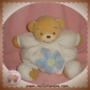 KALOO DOUDOU PELUCHE OURS BEIGE CORPS BOULE BLANC FLEUR BLEU