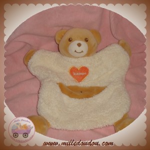 TAKINOU DOUDOU OURS BEIGE PLAT MARIONNETTE ECRU COEUR ORANGE