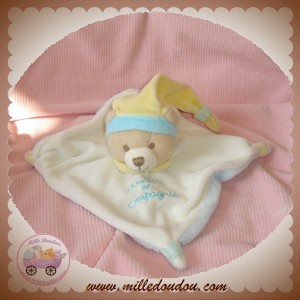 SOS DOUDOU ET COMPAGNIE OURS BEIGE PLAT BLANC BLEU COL JAUNE