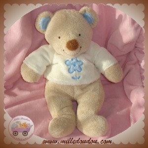 KIABI SOS DOUDOU OURS BEIGE PULL ECRU FLEUR BLEU