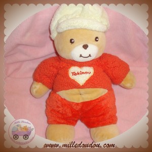 TAKINOU DOUDOU PELUCHE OURS BEIGE CORPS VERT COEUR ROSE