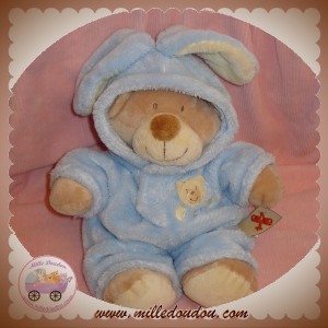 NICOTOY DOUDOU SOS PELUCHE OURS BEIGE DEGUISE EN LAPIN BLEU 25 cm