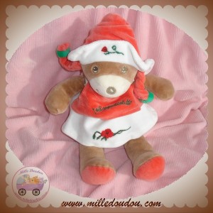 TAKINOU SOS DOUDOU OURS MARRON COQUELICOT ROUGE BLANC