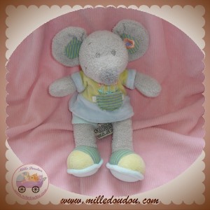 NICOTOY SOS DOUDOU SOURIS GRISE HOCHET BLEU VERT FLEURS