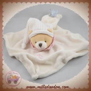 DOUDOU ET COMPAGNIE SOS OURS CORPS PLAT BLANC COL ROSE BONNET 