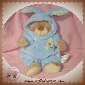 NICOTOY DOUDOU OURS BEIGE DEGUISE EN LAPIN BLEU 18 CM BILLES SOS