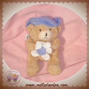 AJENA DOUDOU PELUCHE OURS BEIGE CHAPEAU MAUVE FLEUR NOUNOURS