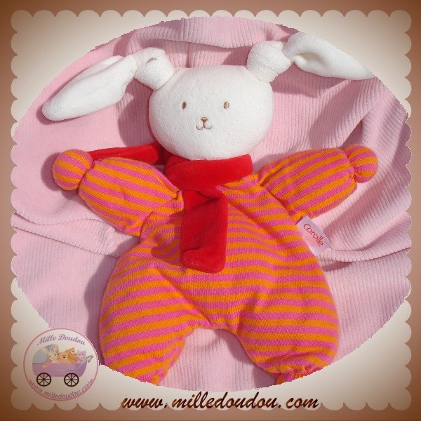 Doudou Lapin couleur rose corail crocheté en fil chenille velours