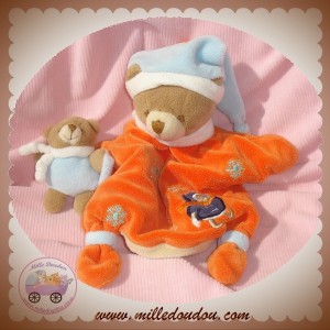 DOUDOU ET COMPAGNIE OURS MARRON FONCE MARIONNETTE ORANGE BEBE FIRMIN