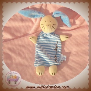 JACADI DOUDOU PELUCHE LAPIN PLAT RAYE BLEU SOS