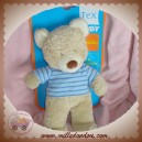 TEX DOUDOU OURS BOUCLETTE BEIGE T-SHIRT BLEU RAYE 27 CM SOS