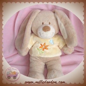 TEX SOS DOUDOU LAPIN BEIGE PULL JAUNE FLEUR PAPILLON 27 CM