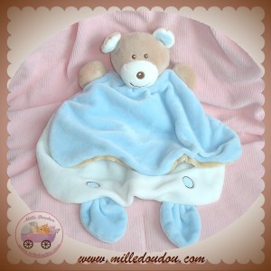 AJENA SOS DOUDOU OURS BEIGE PLAT BLEU BLANC MARIONNETTE