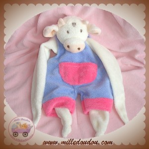 NOUNOURS DOUDOU VACHE COCHON BLANCHE SALOPETTE MAUVE ROSE