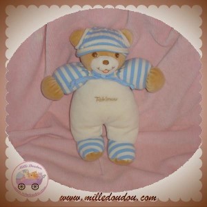 TAKINOU SOS DOUDOU OURS BEIGE CORPS ECRU RAYE BLEU HOCHET